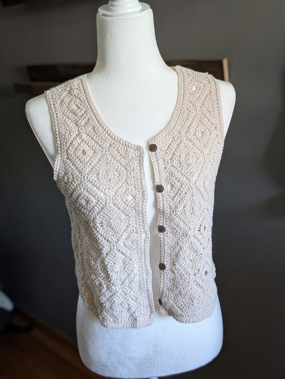 Cottagecore Cream Crochet Knit Button Front Vest Boho Festival Cotton Size S